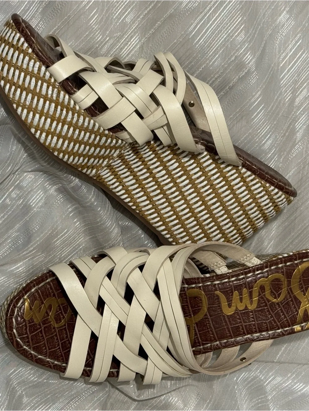 Sam Edelman Devon Wedge Sandals 9.5 Cream Strappy Woven Platform Like New
